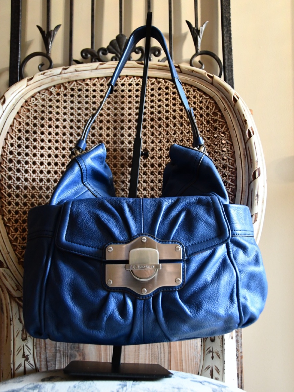 B. Makowsky Blue Leather Shoulder Bag with Metal Plate